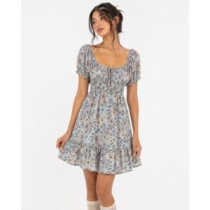 Big Water Blue Sky Cottagecore Floral Mini Dress Mini Ruffle Country Size M